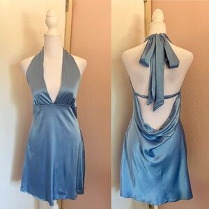 Baby Blue Satin Halter Dress with Tie and Cowl Back